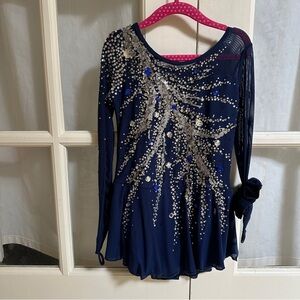Girl Figure Skating Dress Elegant Navy Blue Embellished Top